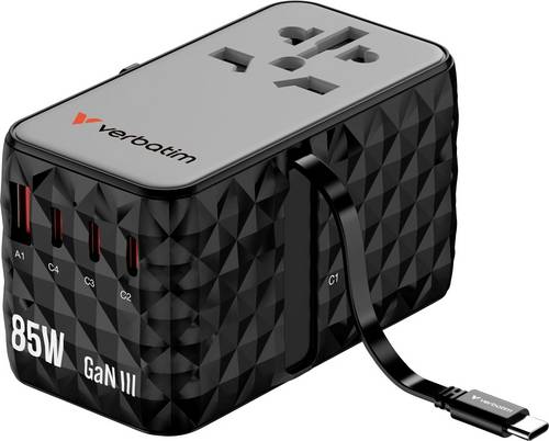 Verbatim Charge 'n' Travel GaN III Reiseladeadapter 85W 1x USB-A, 3x USB-C USB PD, USB PD 3.1, QC 3.0, QC 4+, PPS, Fast Charge
