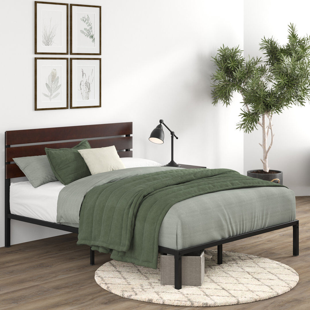 Borough Wharf Steens Modern Metal Bed frame with Bamboo Headboard Brown;Black Double (4'6)