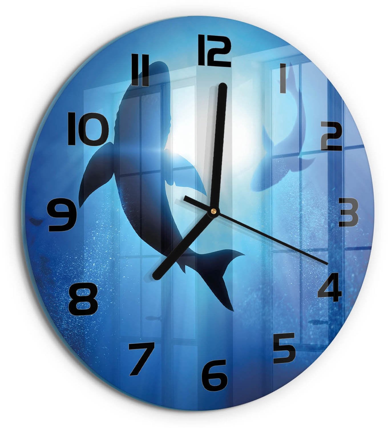 Tulup Wandklok met Twee Haaien - Blauw Gekleurd Glas - Rond - Diameter: 30 cm