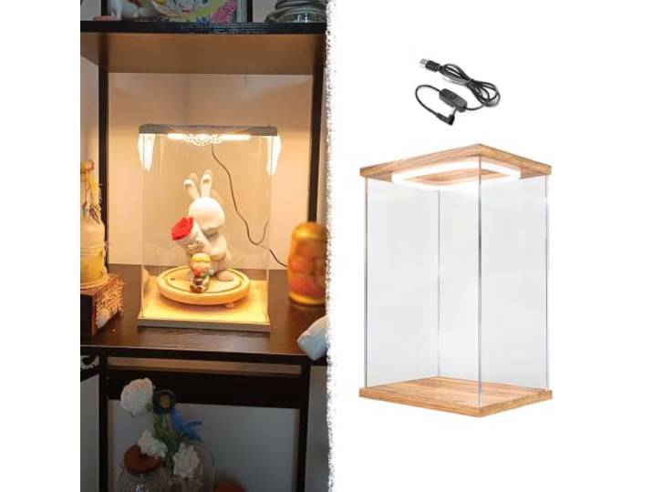 Acryl Vitrine Hohe Acryl-Vitrine mit LED-Beleuchtung, Staubdichte Vitrinen Sammelobjekt-Box Transparentem Material Verstärktem Holzsockel Individuell Gestaltbare(55x55xH60cm/22x22x24in)