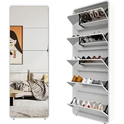 STILVORA Schuhschrank MDF Weiß 176 cm mit Spiegel, 5 Klappen, für bis zu 15 Paar