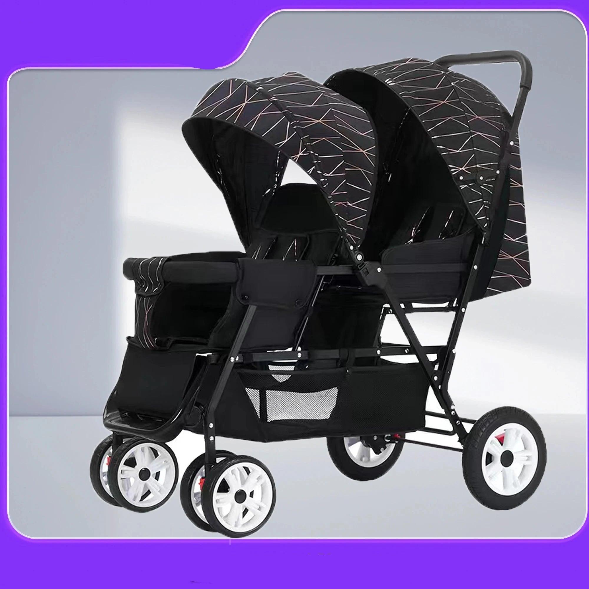 Duo-Kinderwagen - Duo-Buggy - Zweifach-Buggy - Klappbar - Verstellbare Rückenlehne - Regenschutz