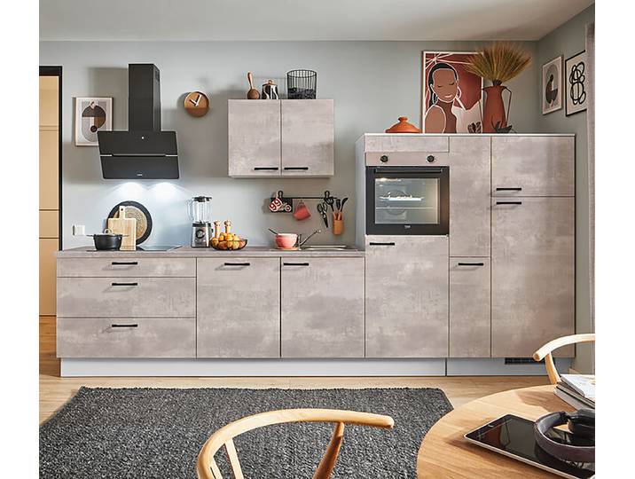 Autarke Küchenzeile Kühl+Apotheker 370cm Ausrichtung rechts Grau/Beton Hell