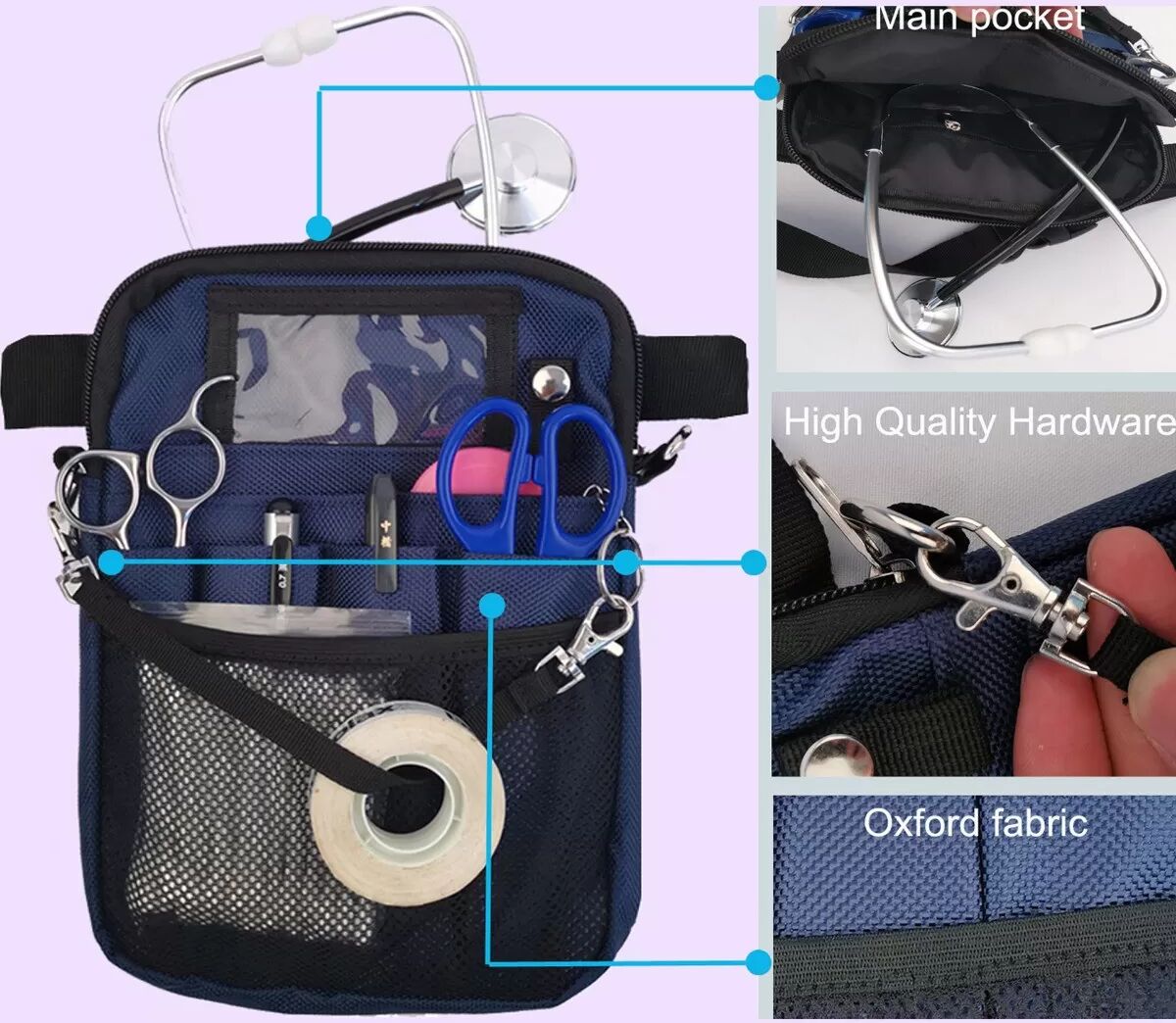 INF 12-inch tragbare Canvas Pflege-Gürteltasche — Leichte, mehrtaschige Pflegewerkzeug-Tasche für Pflegekräfte Dunkelblau