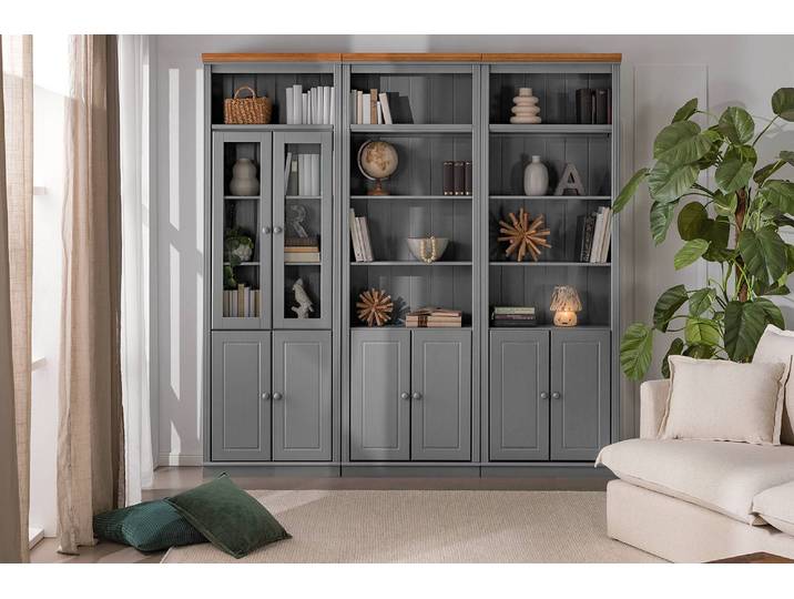 Bibliothèque massive F Pin massif verni Gris/Pin gris/Pin couleur miel 222 x 223 x 37cm