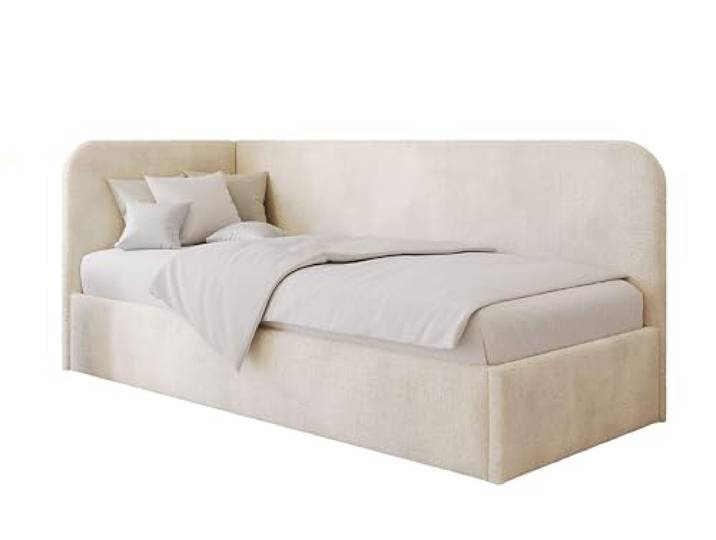 Polsterbett 90x200 cm, Stauraum, Kopfteil, Matratze, Hellbeige, Links Jugendbett mit und Gasdruckfedern, Gepolstertes Bett mit Kopfteil, modernes Design, Mario-Kollektion