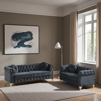 ZWYO HOSIMU Velvet Chesterfield Modular Sofa Set with Tufted Design, Copper Studs and Metal Legs