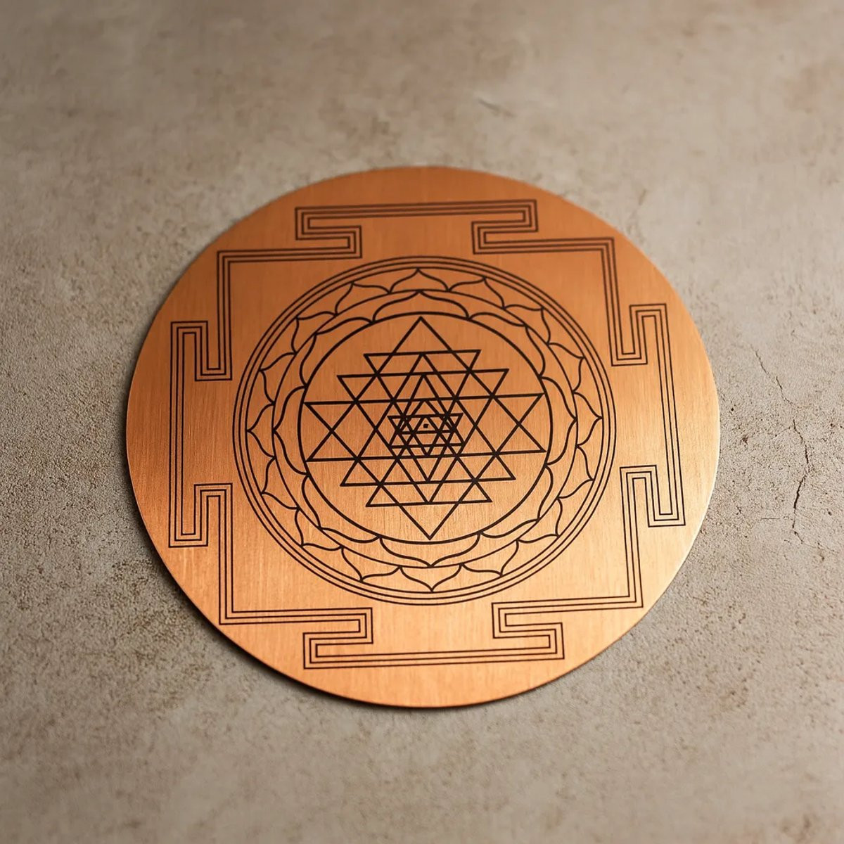 Koperen Shri Yantra voor op tafel, geactiveerd met vuur en mantra
