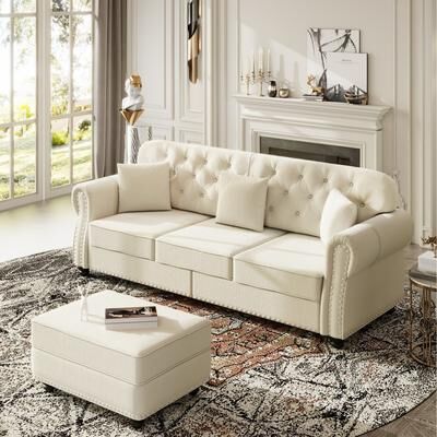 Abrihome "82.6"" Velvet Sofa with Button Tufted, 3 Pillows and 1 Ottoman"