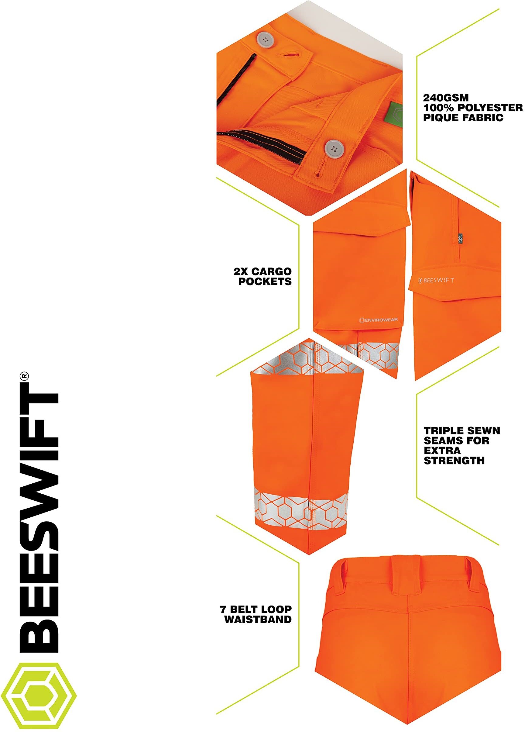 Beeswift Envirowear Orange Hi-Vis Trouser Unisex Reflective Sustainable Circular Process Safety PPE Workwear - 34 Short