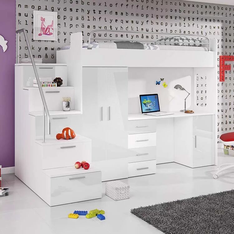 garneroarredamenti Letto a soppalco con armadio 254x120cm bianco Simone Gihome®
