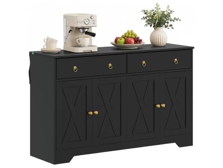 HOMCOM Sideboard mit Stauraum, Küchenschrank mit 2 Schubladen und 4 Türen im Scheunentor-Design, Landhaus-Kaffeebar mit verstellbaren Einlegeböden, Schwarz