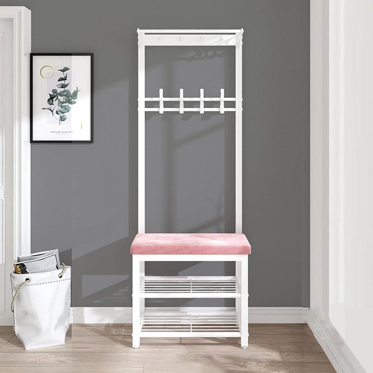Industriële Kapstok Halboom Bank met Schoenopslag - Roze - Hoogte: 181 cm