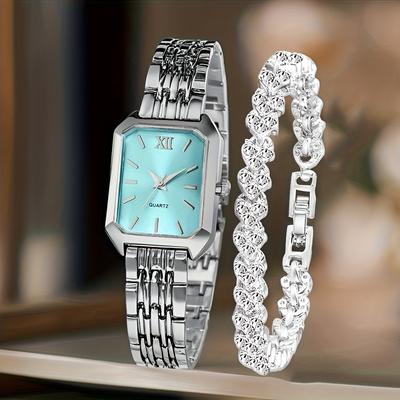 Fusion Finds Luxury Women's Quartz Watch Set With Rhinestone Bracelet & Rectangle Roman Dial Dress Watch silver Blue Kit