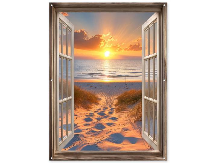 OnlyWow Gartenposter Durchblick - Strand - Dünen - Sonnenuntergang Gartendekoration 120x160 cm, Orange, Kunststoff, Rechteckig, 120x160x0.2 cm, Bilder & Rahmen, Bilder, Sonstige Wandbilder