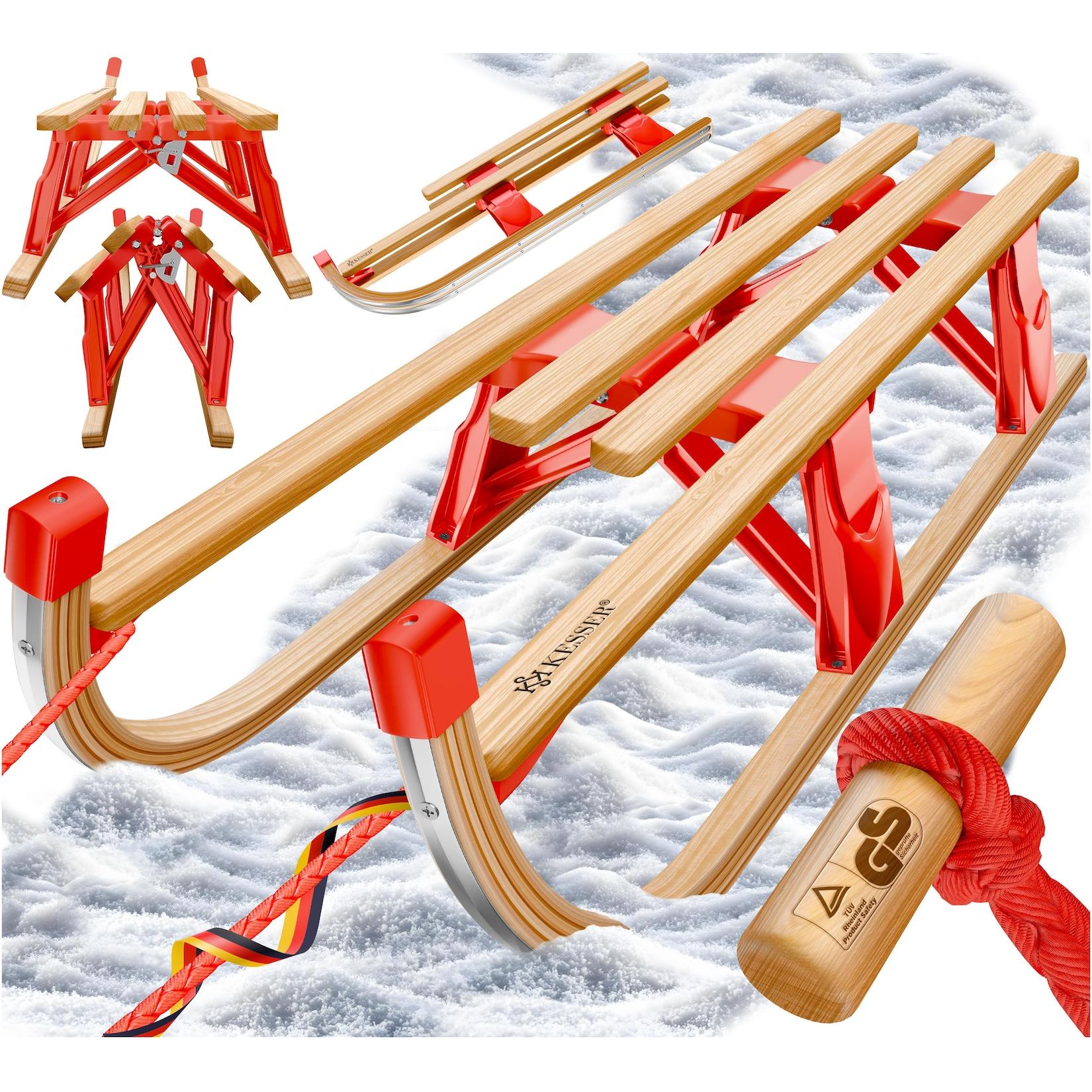 KESSER® Holzschlitten Premium Schlitten faltbar Kinder Faltschlitten Kinderschlitten aus Buchenholz inkl. Zugseil Schieber Metallkufen