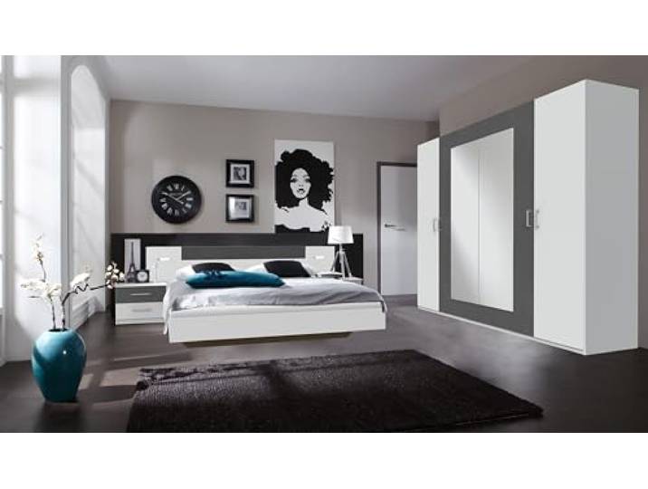 möbelando Komplettschlafzimmer >Angie< in Weiss + Graphit - 499x208x210cm (BxHxT)