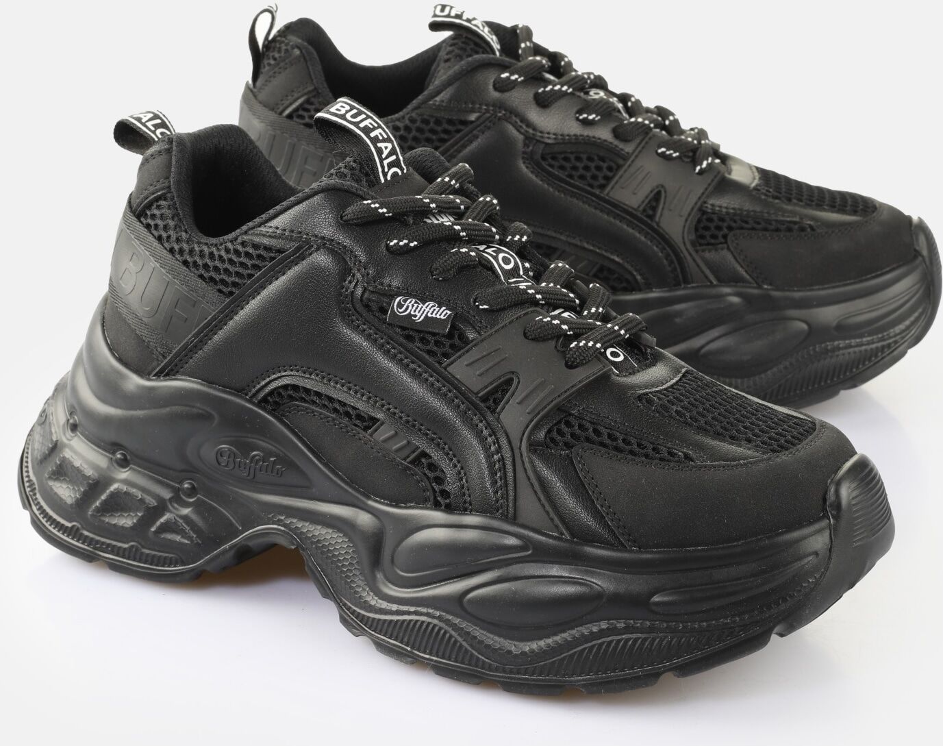 Plateausneaker BUFFALO "YUNO", Damen, Gr. 36, Textil, schwarz, Lederimitat, Textil, Schuhe Plateausneaker, Chunky-Sneaker, Schnürschuh, Leichtgewicht mit Memory Foam-Innensohle schwarz 36, Textil