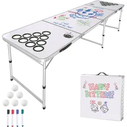VEVOR Klappbarer Bierpong-Tisch 2,4 x 0,6 x 0,7 m mit 6 Tischtennisbällen, Beer-Pong-Tisch Höhenverstellbar mit Tragegriffen & Abwischbaren Markern, für Büro, Grillpartys, Reisen & Camping