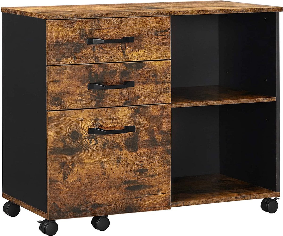 Verrijdbare archiefkast met 3 laden en printerstandaard in industriële vintage bruin-zwart stijl