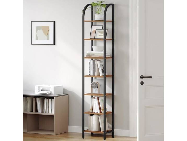 Étagères Étroites à 7 Niveaux Bibliothèque Verticale Meuble de Rangement Étagère Ouverte Cadre Métallique Marron Rustique