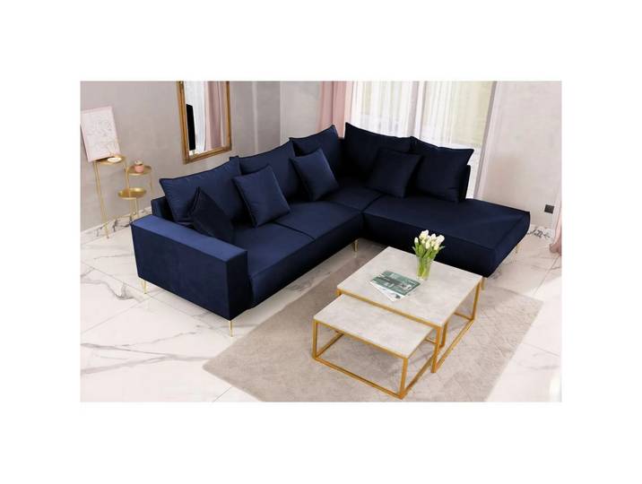 Muffo Ecksofa MONTE, Sitz aus HR-Schaum, hohe goldene Metallbeine, große Anzahl von Zierkissen