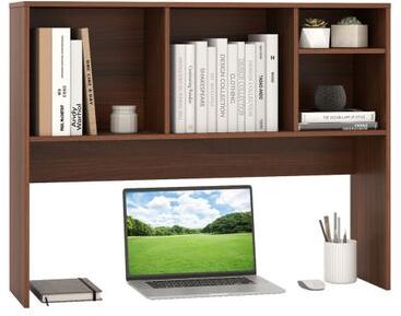 Costway Computer Desktop Bookcase with 4 Cubbies and Open Back Compartment-Walnut