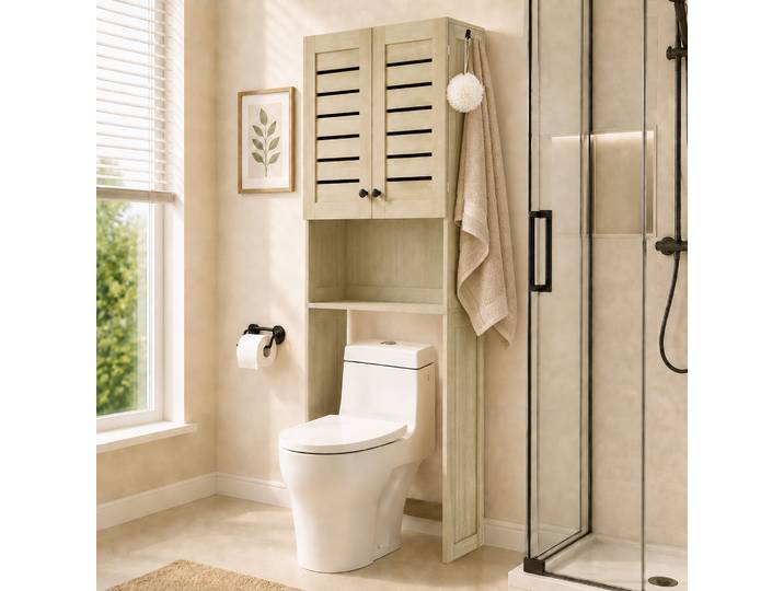 HOMCOM Meuble WC Chêne 67x31,5x190cm Placard Double Persiennes
