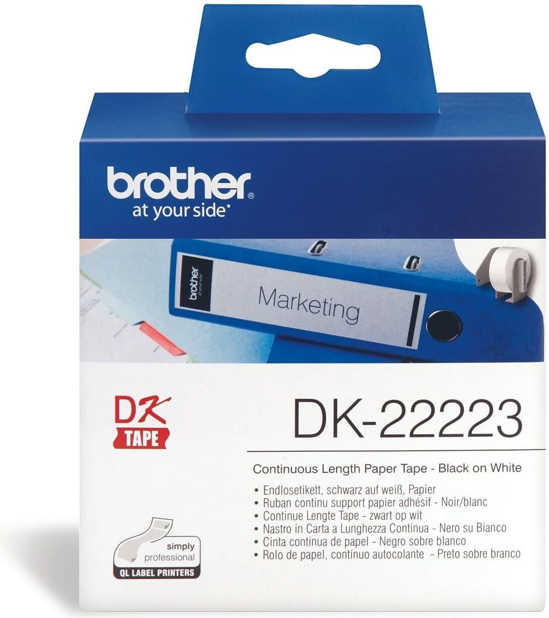 DK-22223 Label Roll – Continuous Length Paper, Black on White, 50mm x 30.48m, Single Roll, Genuine Brother Supplies