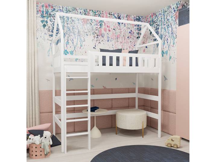 Lit cabane mi-hauteur 90x200 sommier inclus Maël Blanc