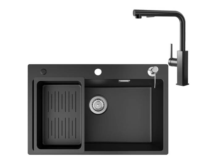 Granitspüle Schwarz 70x45 cm mit Armatur Set, Küchenspüle für Unterschrank ab 70 cm, Wasserhahn ausziehbar 360° drehbar, 2 Strahlfunktionen