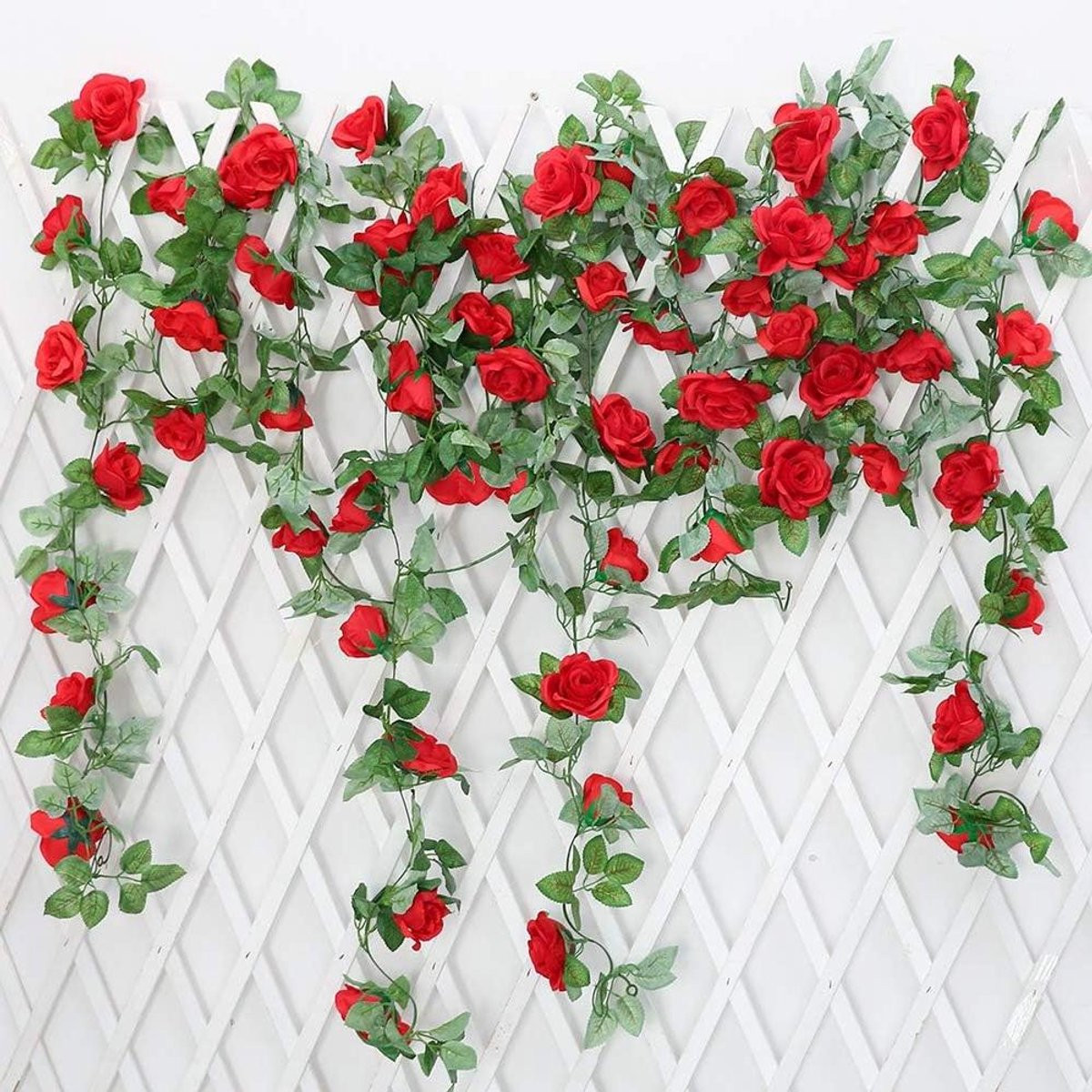 Kunstrozenslinger van zijde met rode bloemen, 220 cm