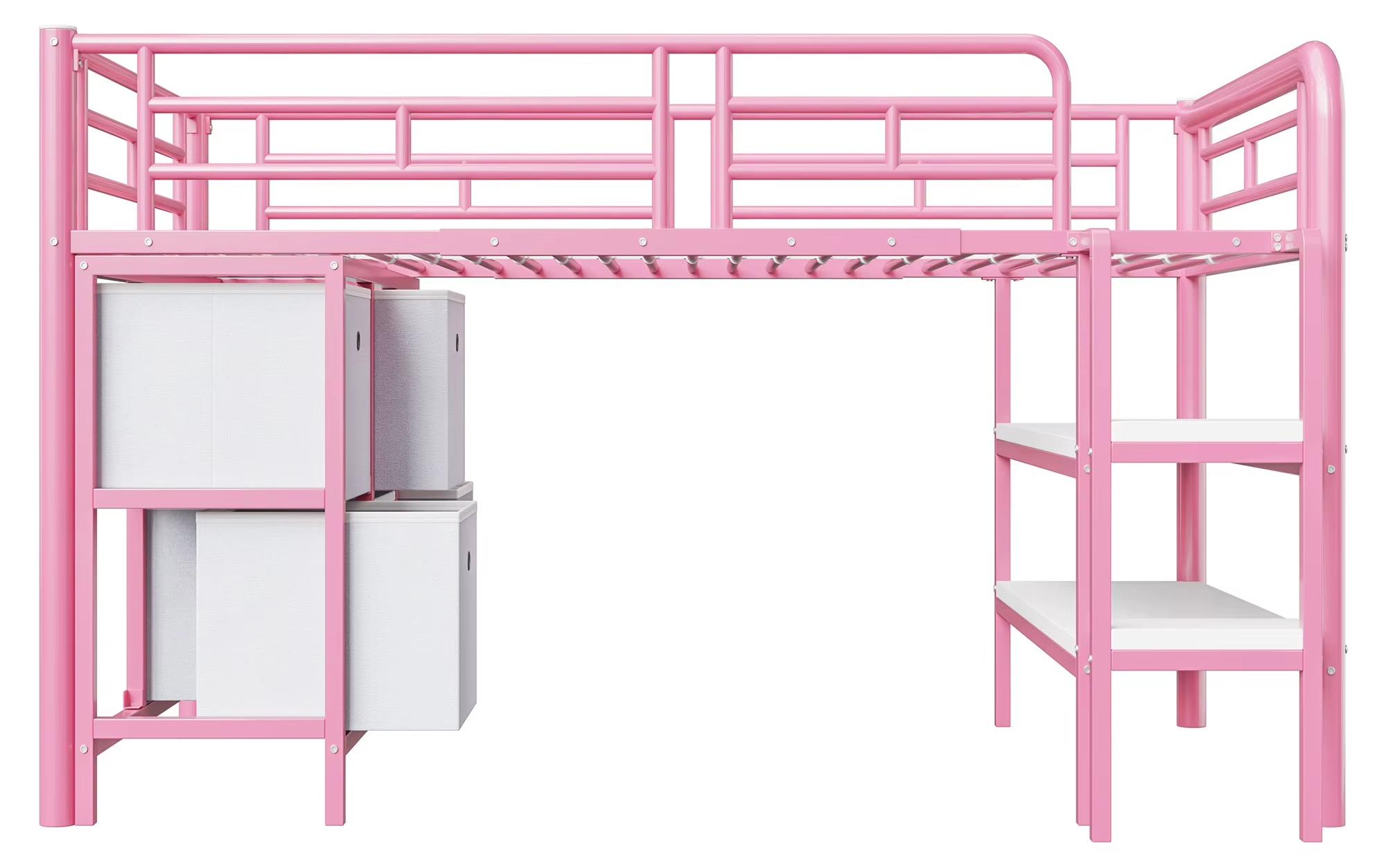 Metall-Etagenbett - Kinderbett - 90 x 200 cm - Breite Treppe - Abgerundete Ecken - Schubladen und Regale - Rosa