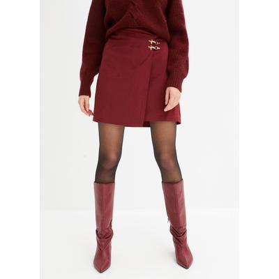 Lederimitatrock BONPRIX "Lederimitat-Rock in Wickeloptik", Damen, Gr. 42, rot (rubinrot), Web, Obermaterial: 90% Polyester, 10% Elasthan, unifarben, ausgestellt kurz, Röcke, aus Polyester und Elasthan, ausgestellte Passform, mit Wickeloptik