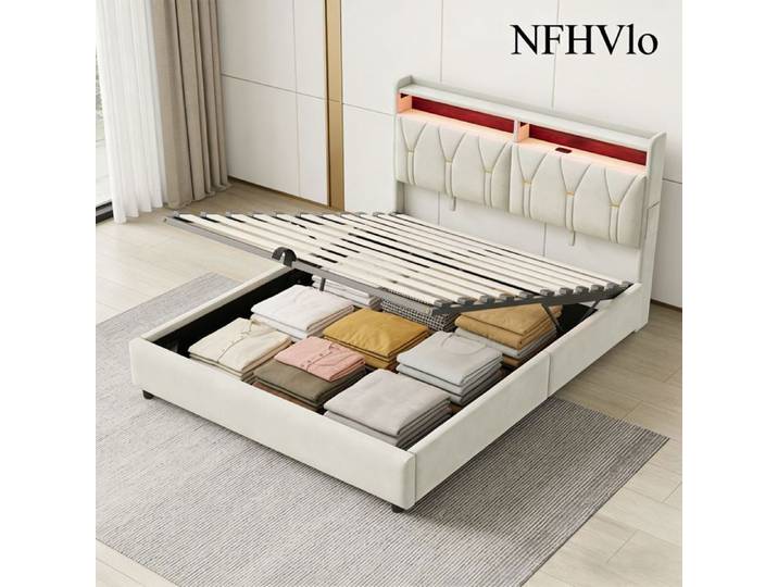 NFHVlo Lit Adulte 140x190 CM - avec LED intégrée et USB - Lit Coffre avec Rangement Hydraulique - Rangement de chevet