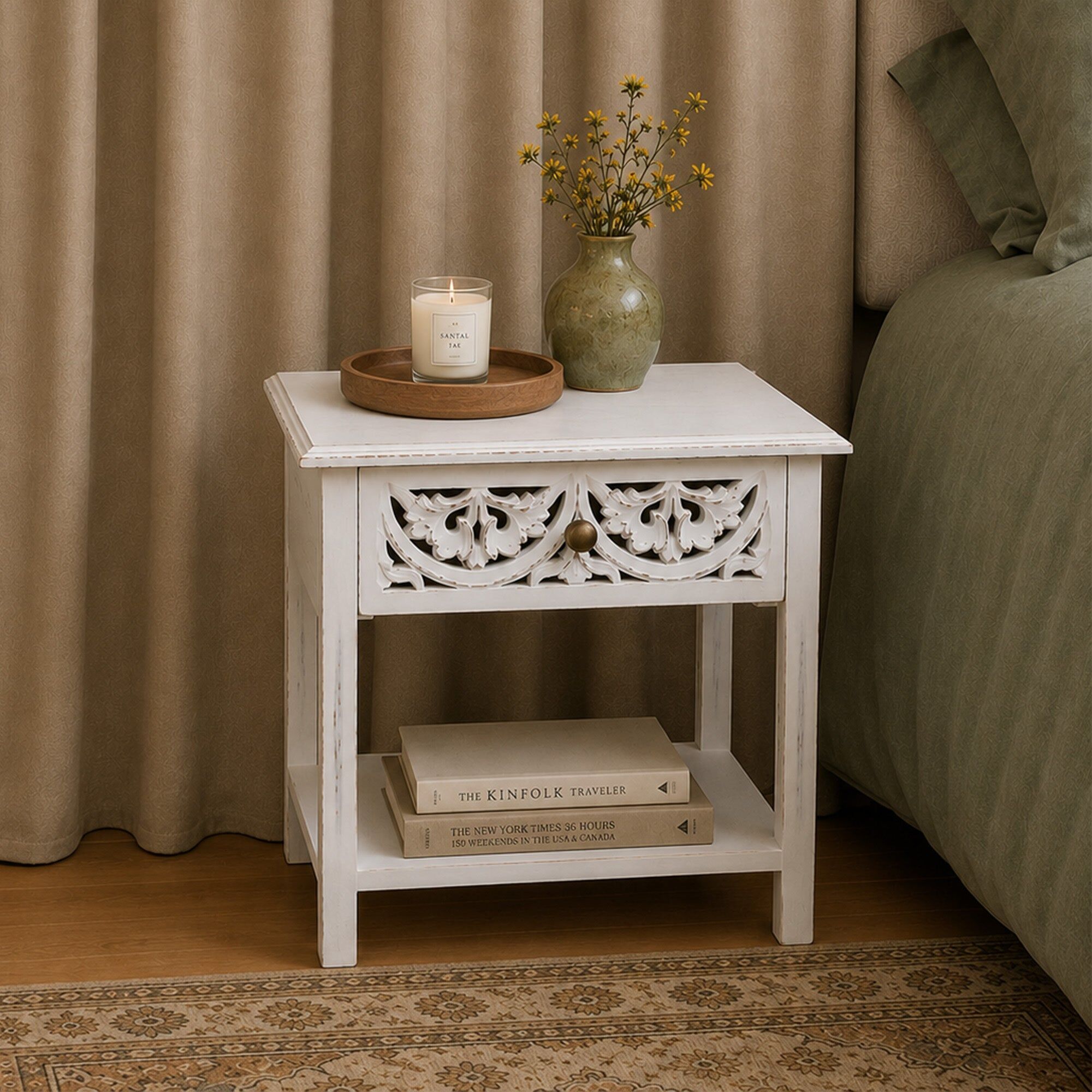 Bohemian Distressed White Mango Wood One Drawer Bedside Table - Freya White Range Mango Wood, Metal