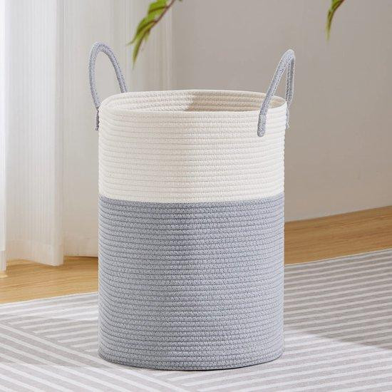 Grote wasmand van gevlochten katoen met handvatten, grijs-wit, 58 liter