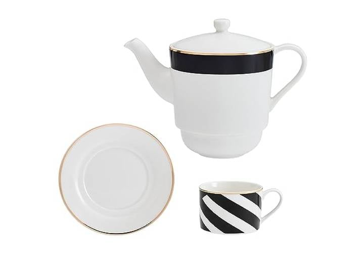 Mikasa Luxe Deco Service à thé pour une personne avec théière en porcelaine\, tasse et soucoupe\, service à thé empilable\, lavable au lave-vaisselle