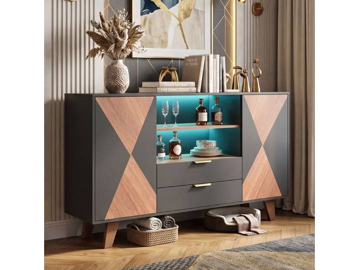 Buffet Enfilade 150x40x90cm Grand Rangement LED Design Soigné avec 2 Tiroirs 2 Portes