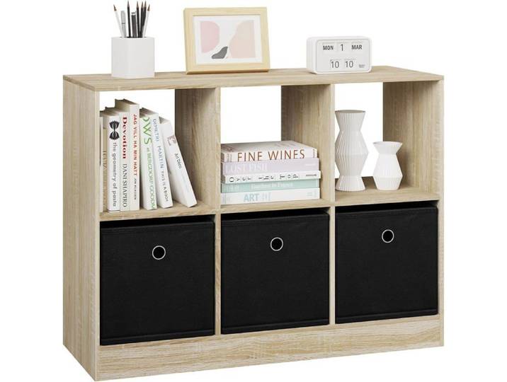 Bibliothèque Étagère - WOLTU - 80x30x60 cm - Meuble Cube avec 6 Casiers - 3 tiroirs en tissu non-tissé - Chêne Clair