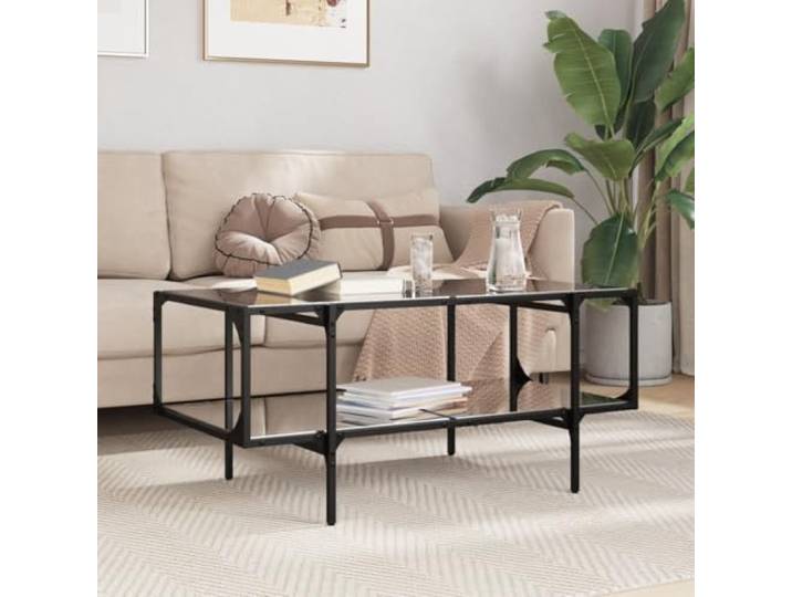 KFPOERTFGD Couchtisch mit Glasplatte & Stahl, 98,5x50x45 cm Schwarz, Modernes Design, Einfache Montage, Vielseitig einsetzbar