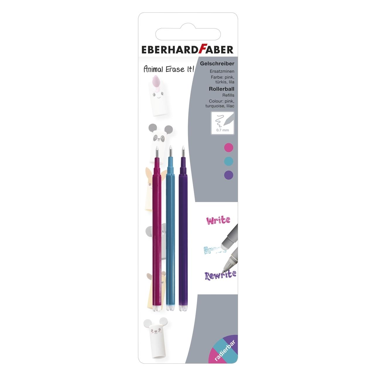 EberhardFaber Gelmine 3ST sortiert radierbar Animal (Lila, Pink, Türkis, 0.70 mm, 3 Stk.) (582154)