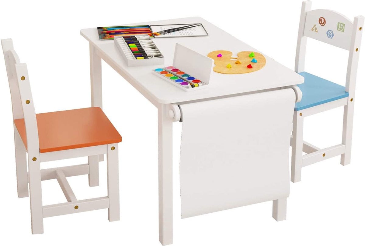 Happyment Kindertafel met 2 Stoeltjes - Speeltafel en Kinderbureau - Wit, blauw, oranje