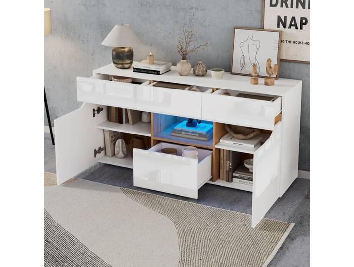 Buffet Bas Blanc Brillant Et Decor Bois Naturel Bahut Moderne FloraGrace Pour Salon Avec LED Et Rangement 140x40x70cm