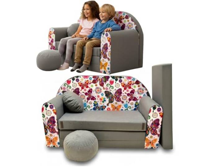 TUPPI Kindersofa mit Schlaffunktion 168x98 cm - Kindersofa Ausklappbar Kinder Sofa für Kinderzimmer - Samtweicher Velours - 4-teilig inkl. Kissen & Puff