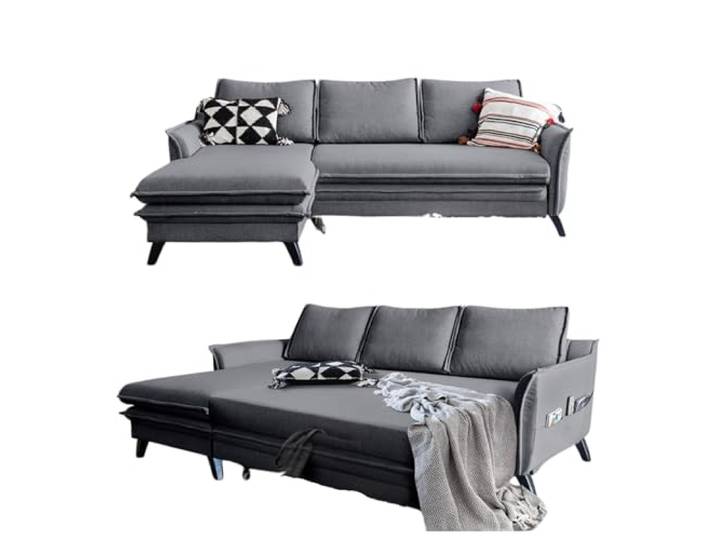 MIUFORM Charming Charlie, 4er Ecksofa mit Schlaffunktion, Links, Grau Schlafsofa mit Bettkasten und Bettfunktion, 4 Sitzer Sofa L Form, 228x150x90cm, Couch mit Schlaffunktion, Sofa Bed Klappbar