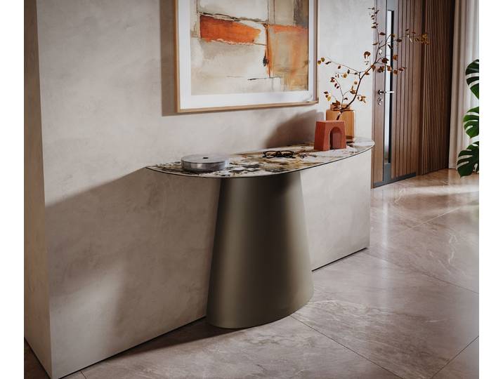 Table console Edge Oval 140x40 cm Céramique Patagonia Poli Conos Métal Finition effet Titan