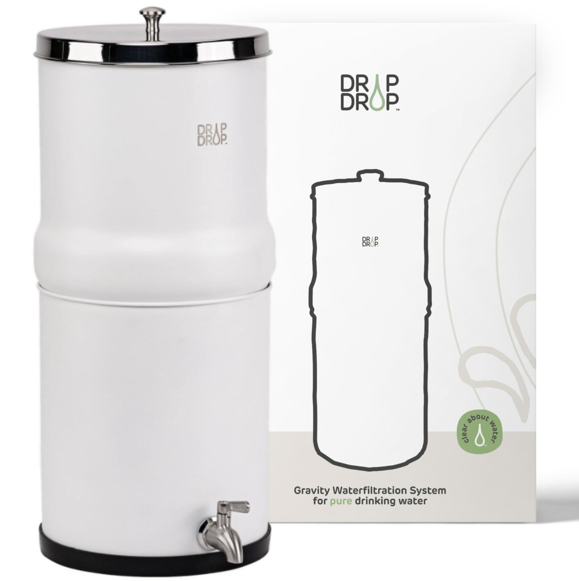 Schwerkraft-Wasserfilter 8,5 L mit 2 Kohlefiltern, Edelstahlhahn, Weiß