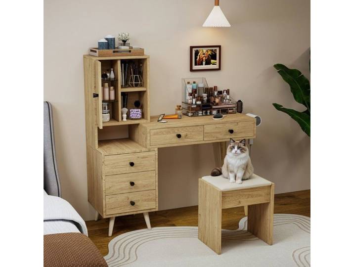 Coiffeuse aspect bois naturel miroir escamotable 5 tiroirs tabouret beige rangements 84x40x120cm chambre