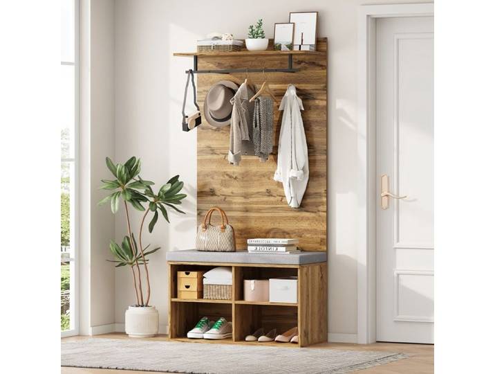 Meuble d'entrée Vestiaire avec Banc et Rangement Chaussure étagère Réglable Tringle à Vêtements Meuble Entree 84x35x175cm